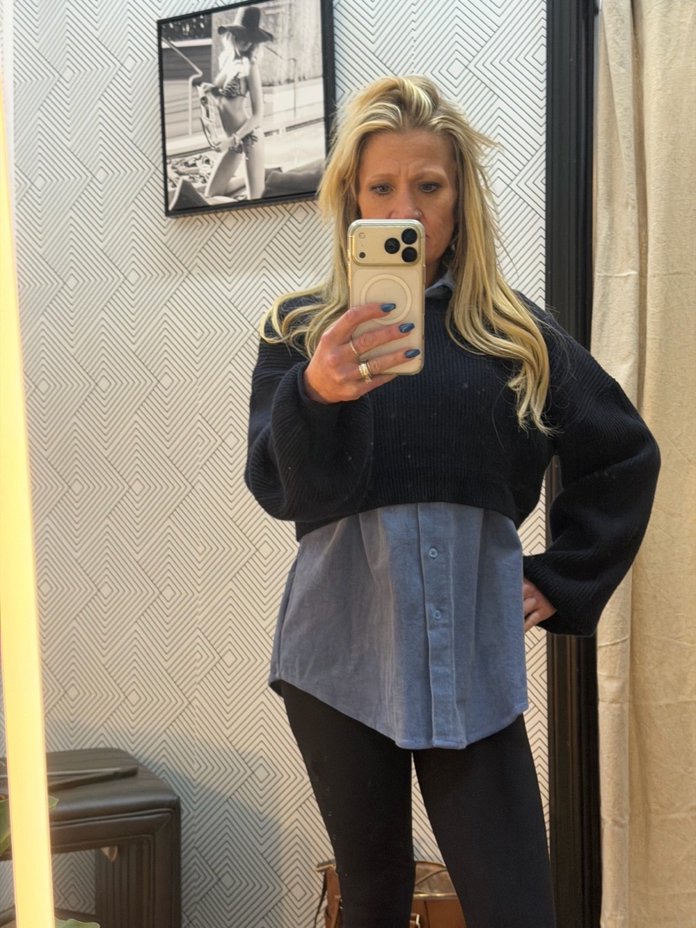 By Together Black Ribbed Crewneck Sweater with Blue Collar Shirt Detail